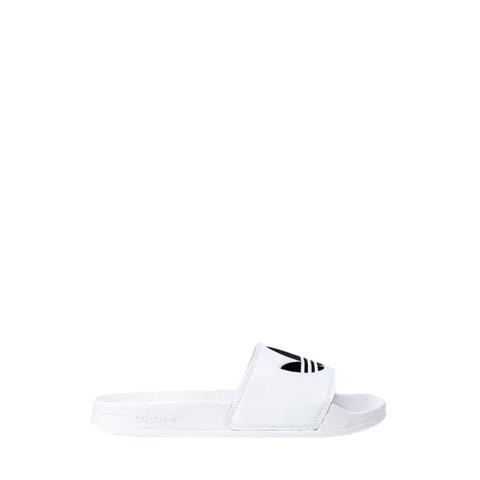 White Adidas slide sandal displayed for the product White Adidas Slide Sandals