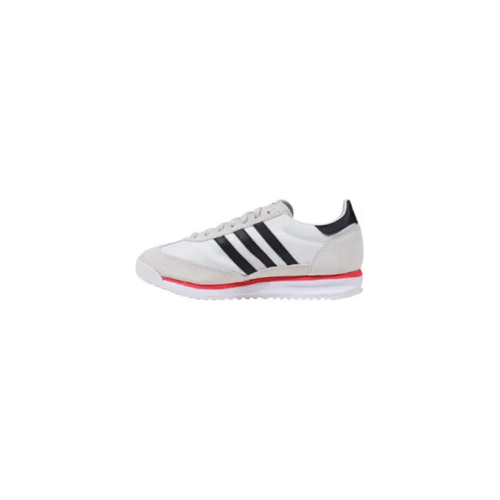White Adidas SL 72 sneaker with black stripes, stylish athletic footwear for men and women