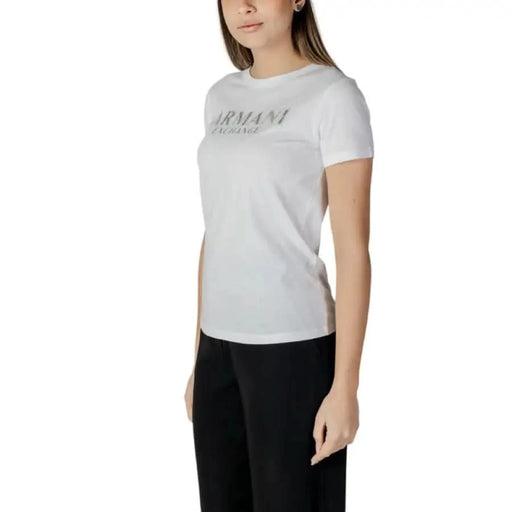 White Armani Exchange Women’s Cotton T-Shirt featuring a silver logo print