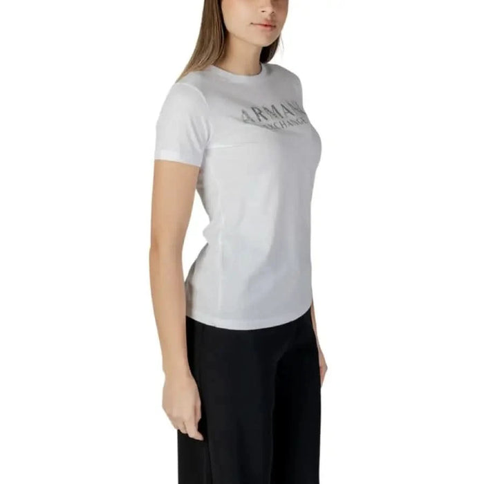 White Armani Exchange Women’s Cotton Printed T-Shirt featuring short sleeves and logo text
