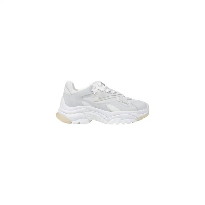 White leather fabric lace-up athletic sneaker with a chunky sole for women
