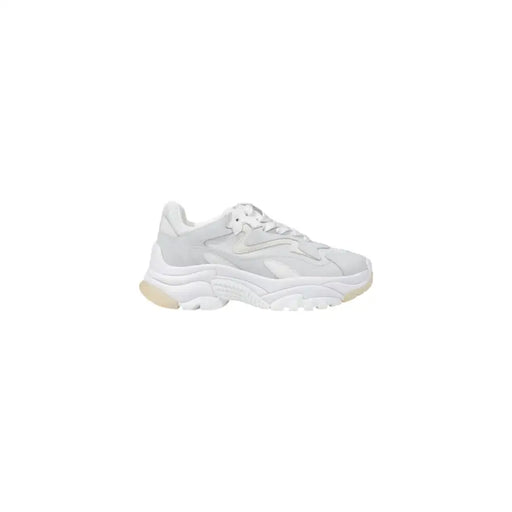 White leather fabric lace-up athletic sneaker with a chunky sole for women