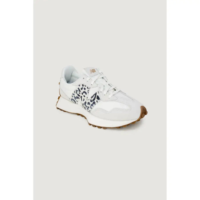 White New Balance WS327PJ women’s lace-up sneakers with black and white leopard print design
