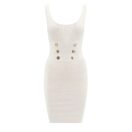 White ribbed knit dress with gold buttons and a white bandage design