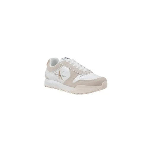 White and beige Calvin Klein Jeans Women’s Leather Sneakers displayed elegantly