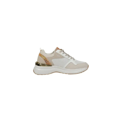 White and beige fashion sneaker displayed in the product image