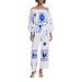 White and blue patterned off-shoulder jumpsuit with floral tile print for stylish wear