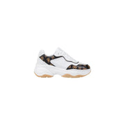 White and brown patterned chunky slip-on sneakers with thick white sole and tan tread