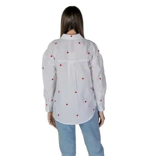 Back view of Jacqueline De Yong Women’s Red Printed Cotton Shirt with heart embroidery