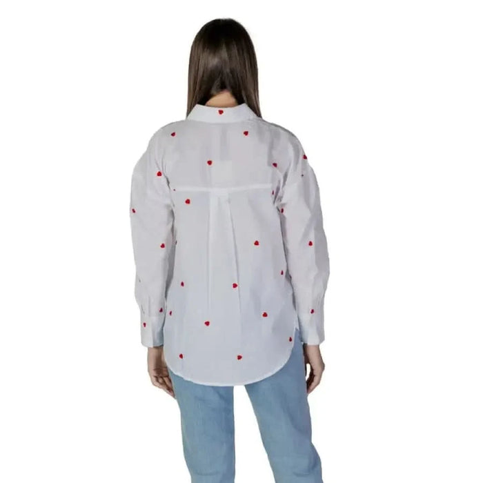 Back view of Jacqueline De Yong Women’s Red Printed Cotton Shirt with heart embroidery