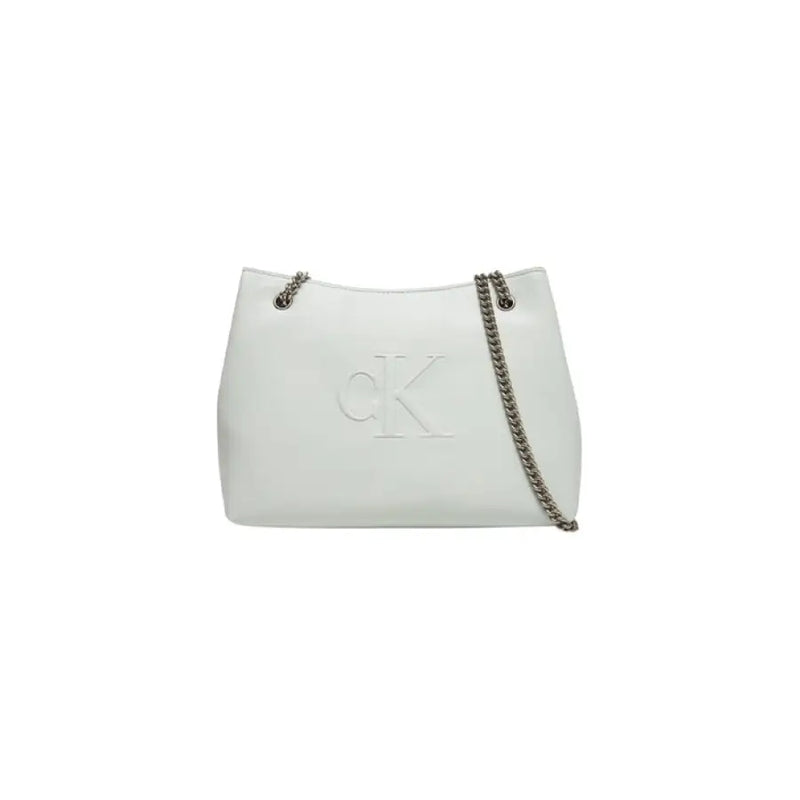 White Calvin Klein chain strap tote bag displayed with elegant design and luxurious aesthetic