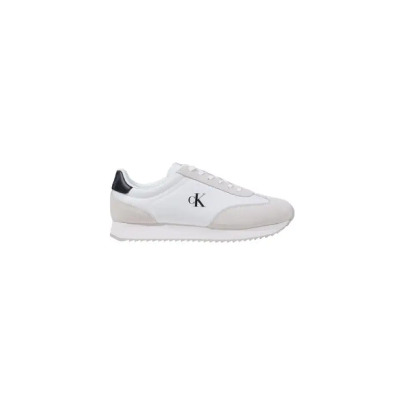 White Calvin Klein running sneaker with gray accents displayed in product image