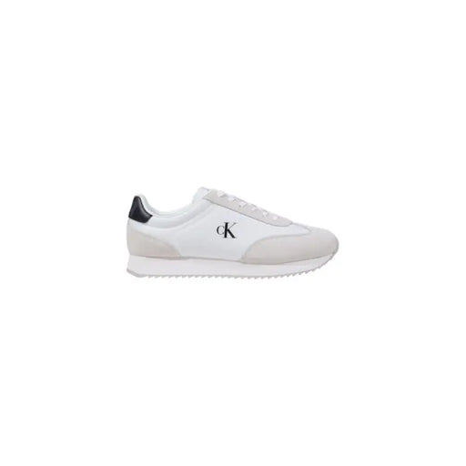 White Calvin Klein running sneaker with gray accents displayed in product image