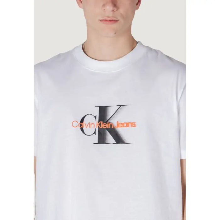 White Calvin Klein Jeans Men’s Print Round Neck T-Shirt displayed on a neutral background
