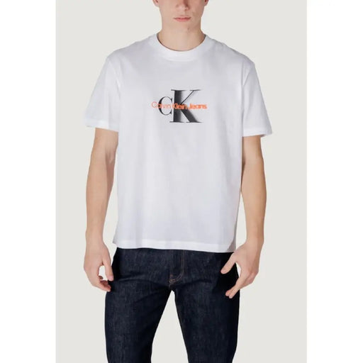 White Calvin Klein Jeans Men’s Print Round Neck T-Shirt displayed on a neutral background
