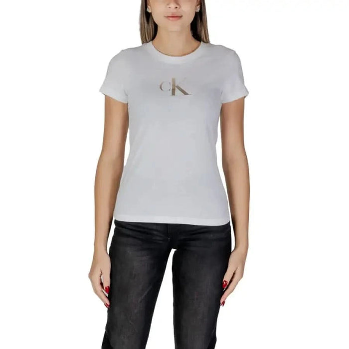 White Calvin Klein logo t-shirt with short sleeves in beige cotton for women