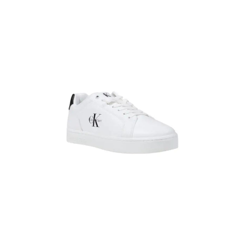 White Calvin Klein leather sneaker with black heel accent for stylish footwear
