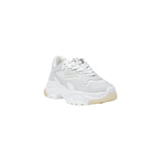 White leather fabric lace-up athletic shoe with light beige sole for women