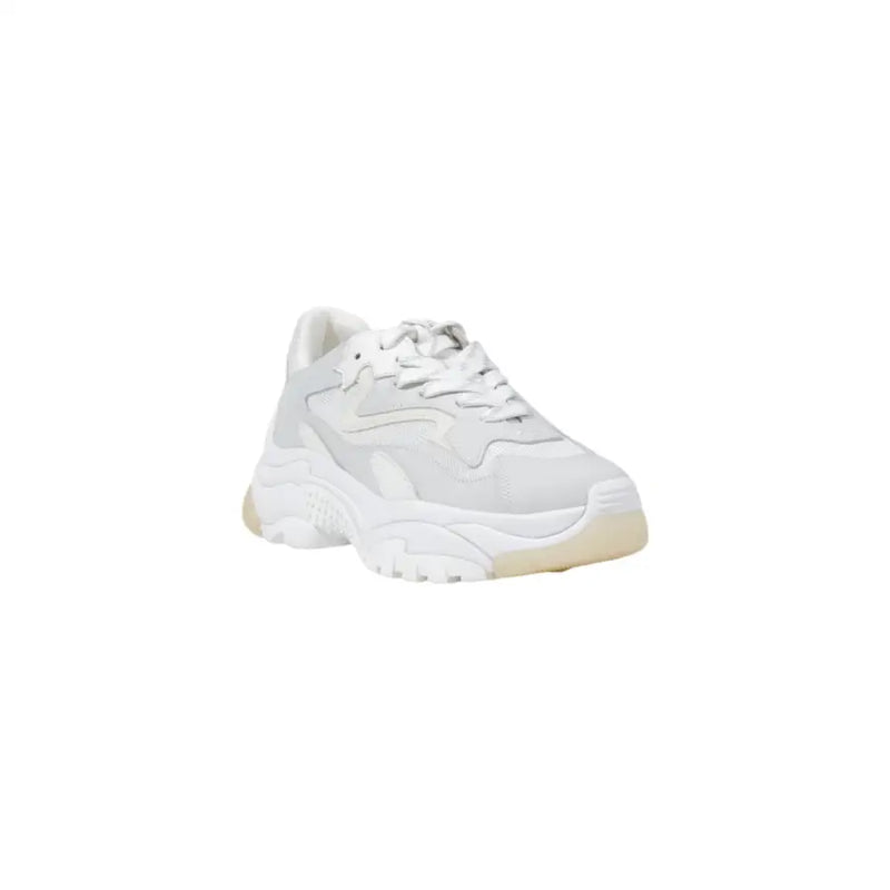 White leather fabric lace-up athletic shoe with light beige sole for women