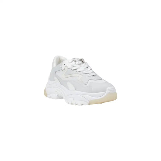 White leather fabric lace-up athletic shoe with light beige sole for women