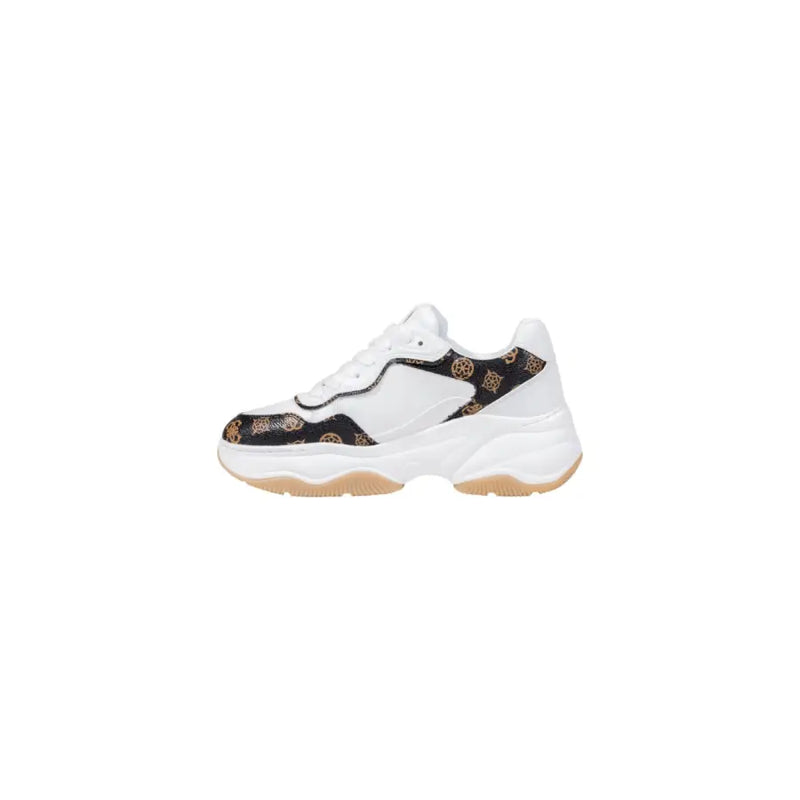 White chunky-soled sneakers with black and brown monogrammed accents for women