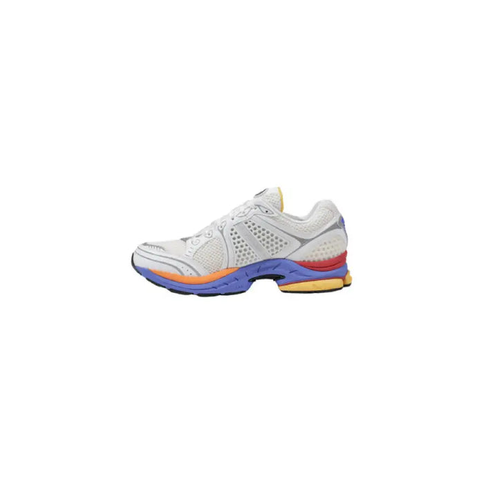 White and colorful running shoe with silver accents displayed in a product image