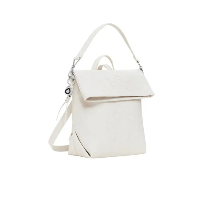 White convertible leather backpack and shoulder bag displayed with versatile design