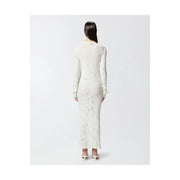 White cotton button front v neck dress by pinko featuring a long sleeved off white knit fabric with black lightning bolts