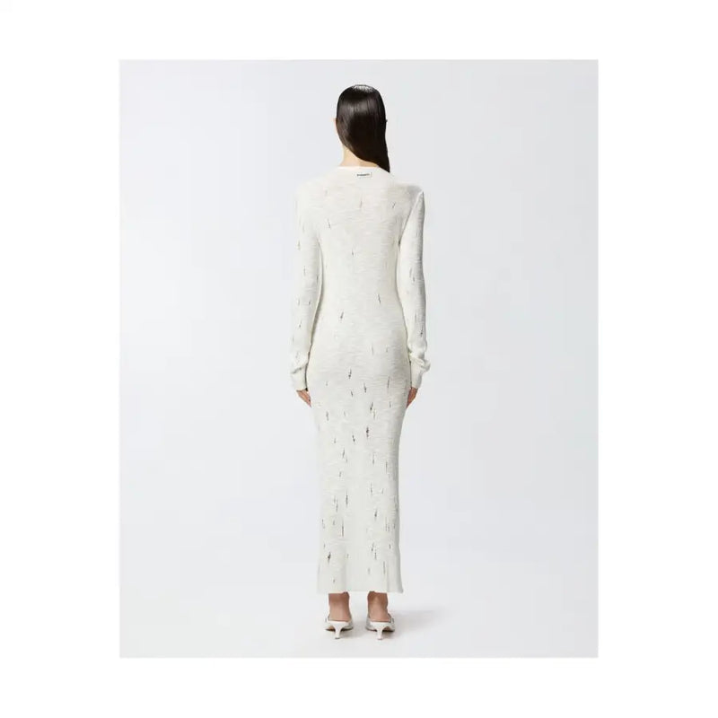 White cotton button front v neck dress by pinko featuring a long sleeved off white knit fabric with black lightning bolts