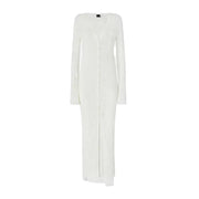 White cotton button front v neck dress by Pinko in a long knit design with subtle texture and button details