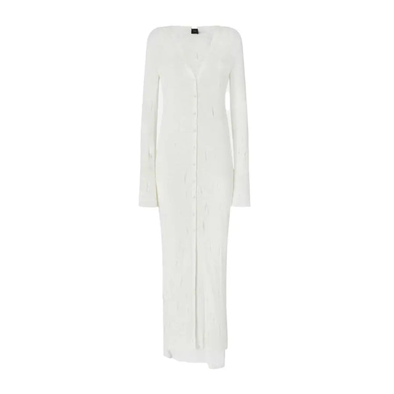 White cotton button front v neck dress by Pinko in a long knit design with subtle texture and button details