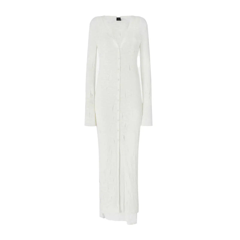 White Cotton Button Front V Neck Dress by Pinko, long knit with subtle texture