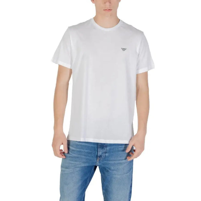 White crew neck T-shirt displayed with Black Crew Neck T-Shirt and Blue Jeans