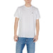 White crew neck T-shirt displayed with Black Crew Neck T-Shirt and Blue Jeans