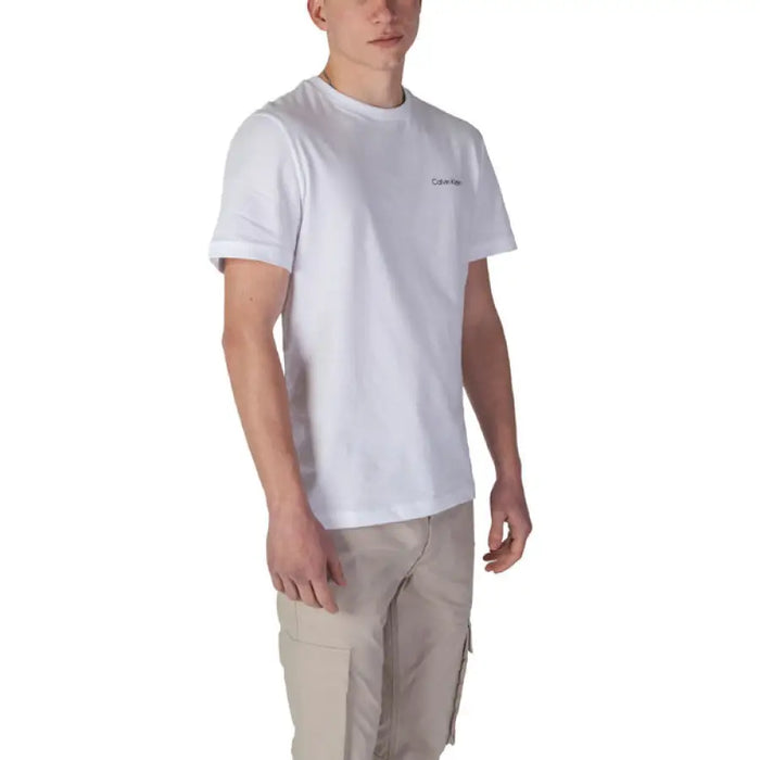 Calvin Klein Men White Cotton Round Neck T Shirt on display showcasing its classic design