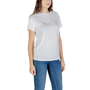 White Liu Jo women short sleeve round neck cotton T-shirt with embellished script and blue denim jeans