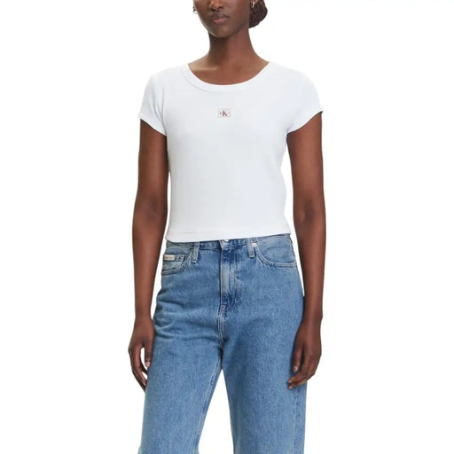 Haut court blanc à col rond top depuis Calvin Klein Jeans T-shirt bleu clair pour femme