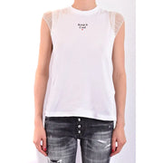 White sleeveless round neck tank top with ruffled mesh shoulder details by DSQUARED2