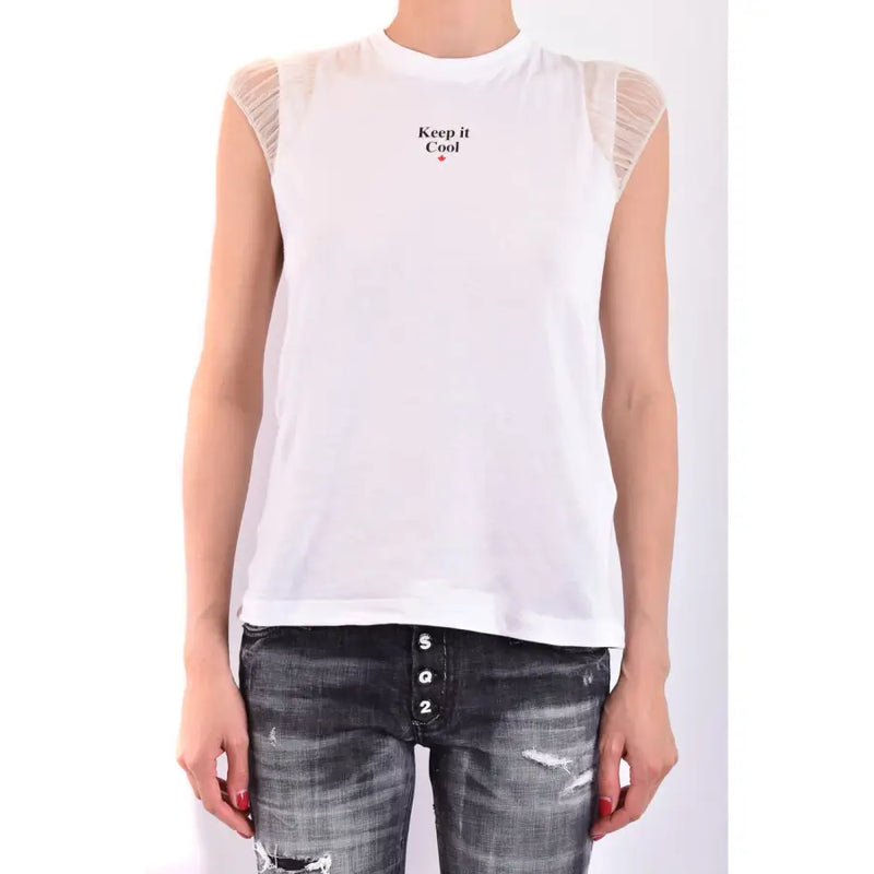 White sleeveless round neck tank top with ruffled mesh shoulder details by DSQUARED2