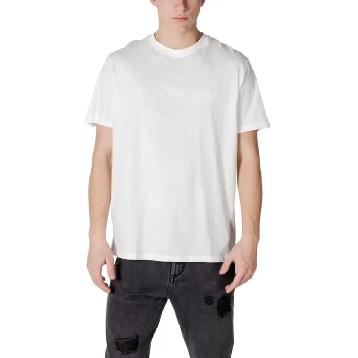White crew-neck t-shirt displayed with Armani Exchange Men Black Cotton T-Shirt