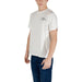 White crew neck T shirt featuring a motorcycle graphic for casual style