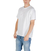 White crewneck t shirt made of cotton featuring a subtle minimalist logo on the chest
