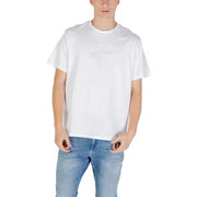 White crewneck t shirt featuring a white Calvin Klein cotton fabric with a subtle raised ck logo on the chest