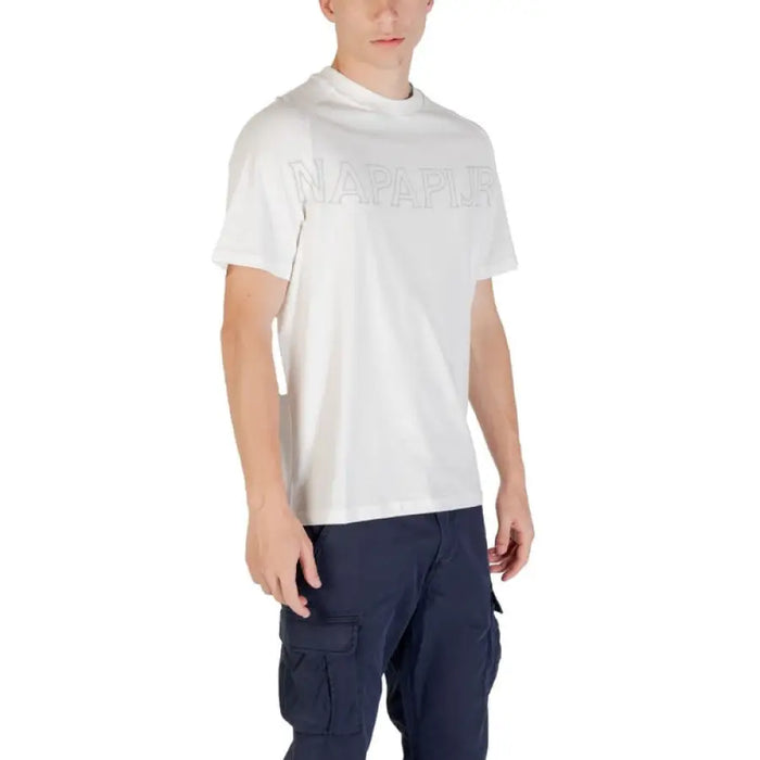 White crewneck T shirt paired with Blue Cargo Pants in a fashion ensemble