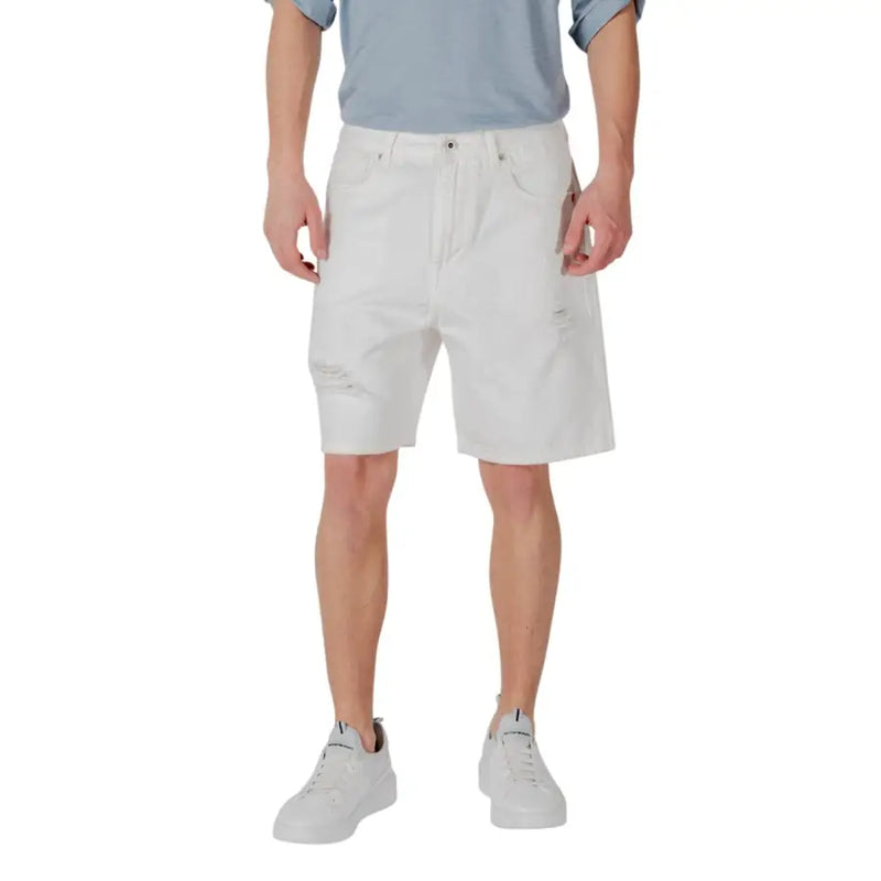White denim shorts displayed on a product named Distressed Brown Denim Shorts for sale