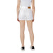 White denim shorts with frayed hem displayed in a stylish fashion product image