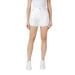 White denim shorts with frayed hem displayed in a stylish clothing product image
