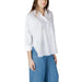 White embellished button-down shirt for women displayed in the product listing
