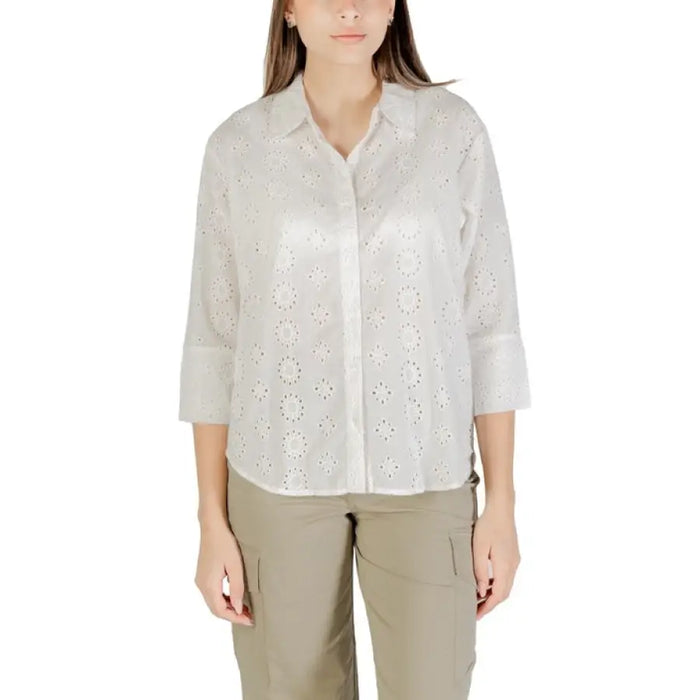 White eyelet button-down shirt displayed in the Red Eyelet Button Down Shirt product image