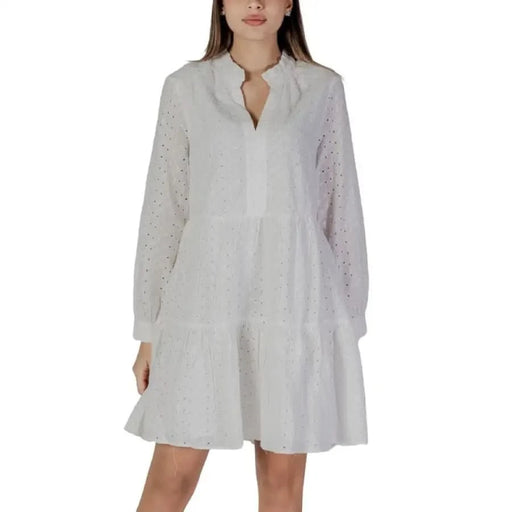White eyelet long-sleeve dress from B.young Women’s collection, featuring a V-neck design